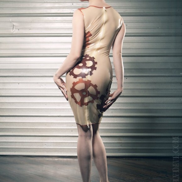REAL LATEX by DAWNAMATRIX Steampunk Gear Print Dress Sz S - Picture 3 of 12